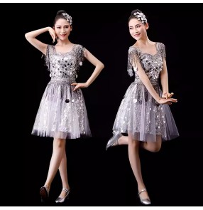 Modern Jazz silver sequins dance dresses for women girls gogo dancers fashion sequin opening dance costumes contest music production wear 